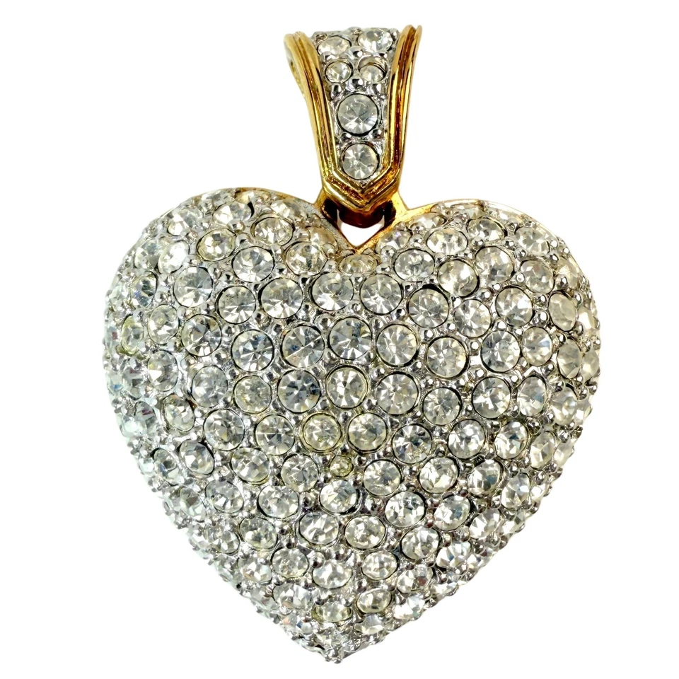 Vintage Retired Swarovski Swan Pave Crystal Gold Puffy Heart pendant