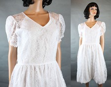 White Lace Dress Sz M Vintage 80s Short Sleeve Tea Length Party Prom Gown