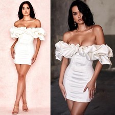 House of CB- Selena Ivory Satin Ruffle Strapless Dress Size S Off Shoulder Mini