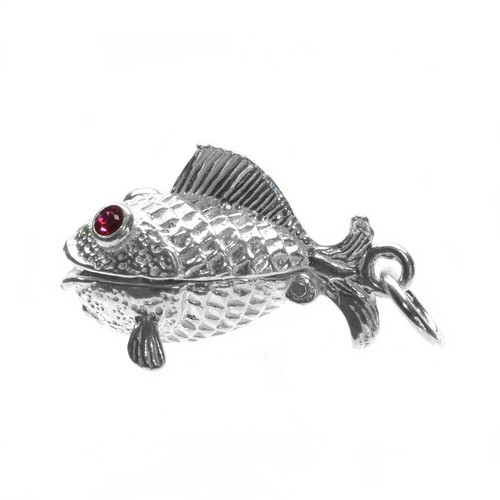 STERLING SILVER OPENING RUBY EYES MOVING FISH & WORM CHARM - Picture 4 of 8