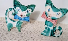 Vintage MCM Lipper Mann Ceramic Boy & Girl Flat Face Cat Figurines Japan
