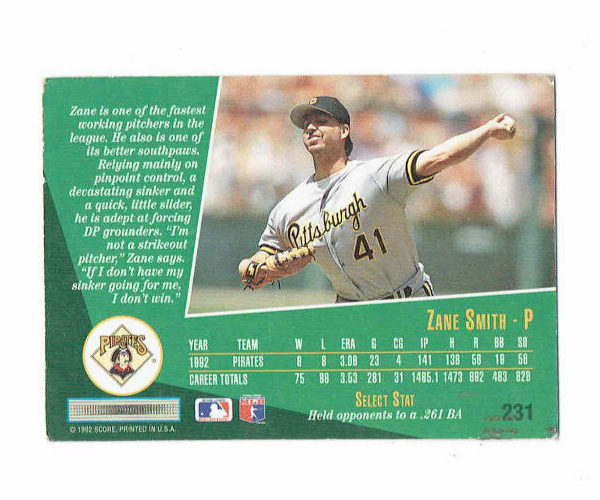 Zane Smith Pittsburgh Pirates Pitcher #231 Score Select 1992
