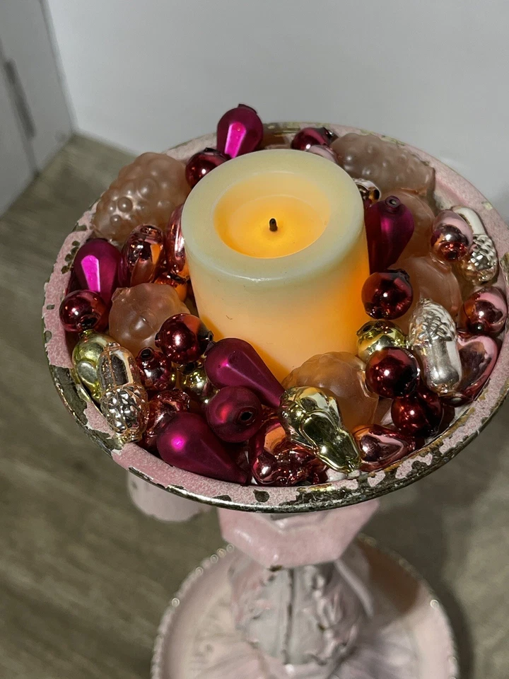 Candelabro Chippy Shabby Holder VILLA EE. UU. Elegante Oro Rosa Cuentas de Vidrio Mercurio De Colección Foto 3 de 4