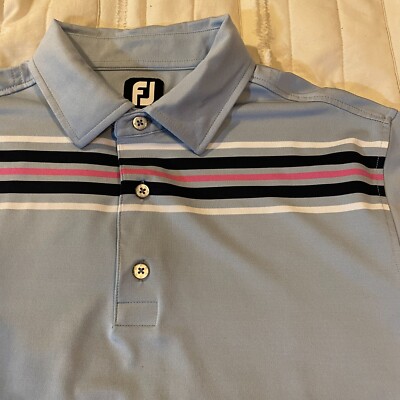 FootJoy Shirt Mens L Blue-Grey Retro Stripe Preformance Knit Short Sleeve Polo