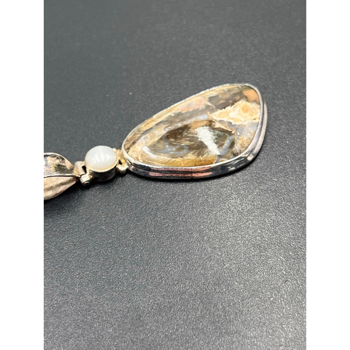 White Pearl Petrified Fossil Wood Agate Sterling Silver Peace Stone Pendant View 5