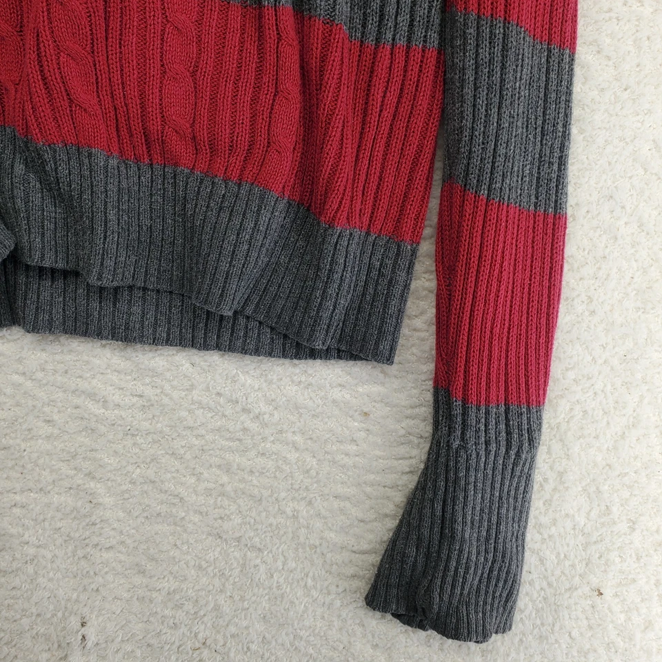 Womens Cardigan Sweater Hoodie Large Gray Red Striped Y2K Ribbed Knit Preppy - Image 2 of 4