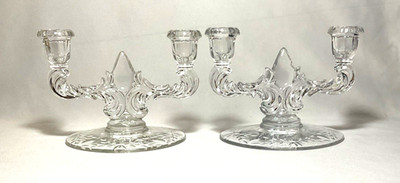 NEW MARTINSVILLE ~ Pair Double Arm CANDLESTICKS w/Tear Drop Centers (Marshall)