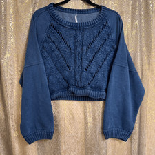 Free People Navy Blue Sweetness Sweatshirt Cropped Knit Slouchy Large