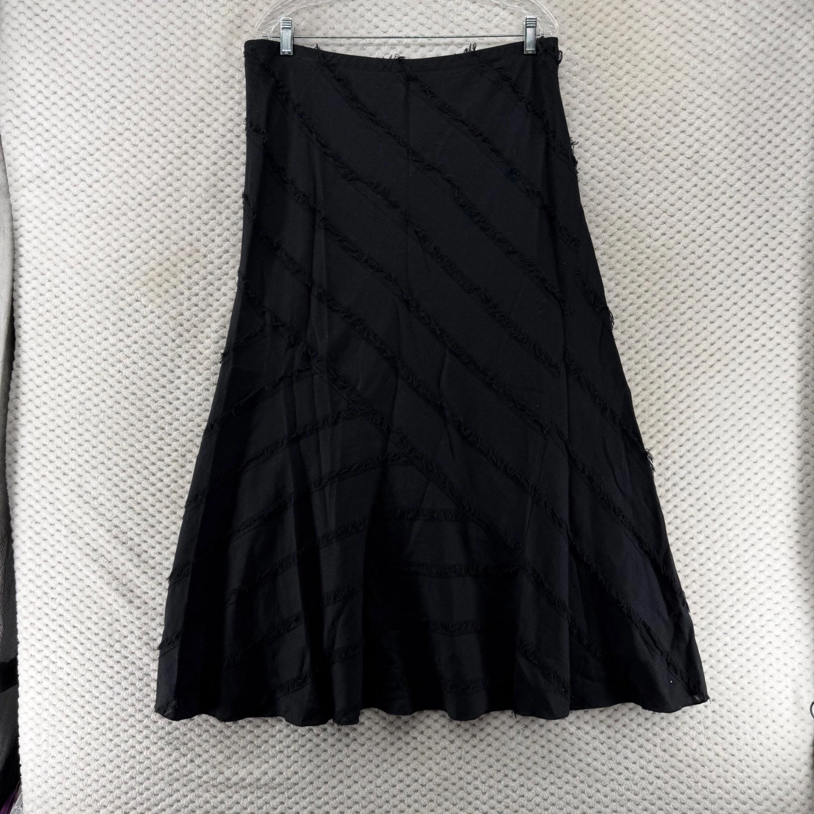 Maakif Black Linen Cotton Blend Fringe Detail Midi Skirt Women's Size 16