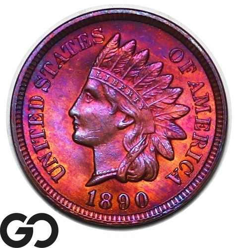 1890 Indian Head Cent Penny, Eye-Popping Color, Gorgeous Gem BU++