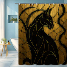 Black Cat Stained Glass Shower Curtain, Elegant Home Decor