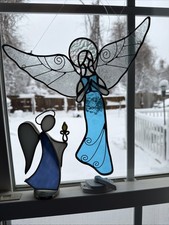 Vintage Lot Of 2 Stained glass leaded glass angel Hanging  Standing Angel