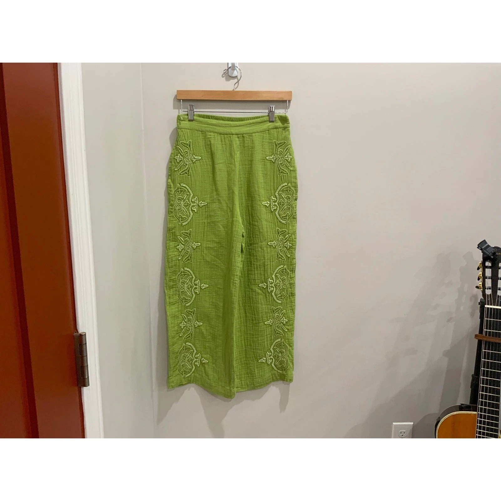 Sundance Green Embroidered Cotton Gauze wide legs pants Womens Petite Small PS