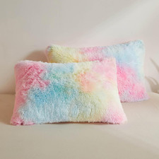 Rainbow Faux Fur Fluffy Throw Pillow Cases, Plush Shaggy Soft Furry Pillowcases,