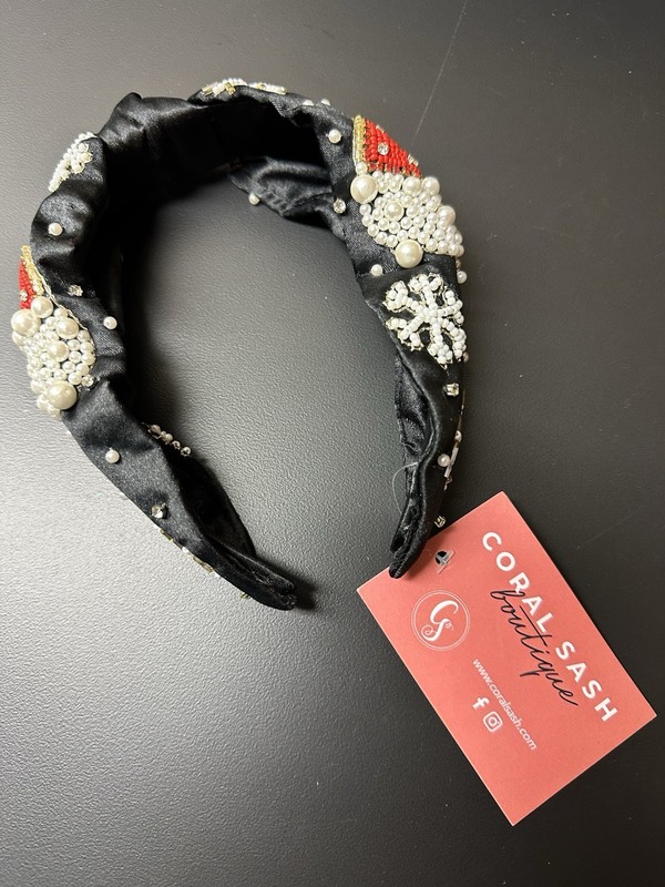 Santa Red Black Seed Bead Christmas Holiday Boutique Top Knot Headband NEW