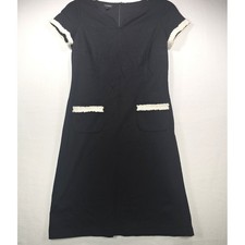 Talbots Black Sheath Dress Size 2 Fringe Trim Short Sleeve Notched Neck Pockets