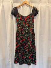D&G Dress Size 40 Black Red Rose Print Silk Blend Tulle Sleeves from Japan 12F