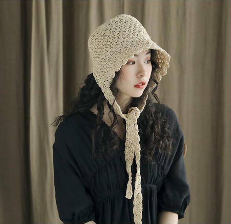 Summer Women Lacing Straw Bucket Hat Knit Decorative Border