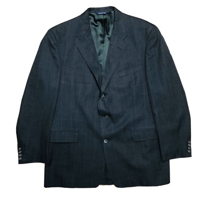 VTG Burberrys Navy Blue w/ Grey Chalk Check 3 Btn Single Vent Jacket Mens Sz 44L