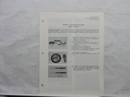 1983 Kawasaki Assembly & Preparation Sheet Model: ZX750-E1 Dealer Handout B11941
