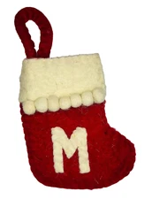 BNWOT ASHLAND | MINI LETTER "M" | RED CHRISTMAS STOCKING w FELT POM POMS 7"
