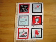 All You Knit Is Love Yarn Needles (A)  Cotton Quilt Fabric Panel Blocks (6)