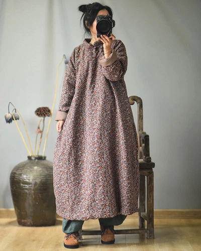 Mujer Retro Largo Acolchado Chaqueta Abrigo Vestido Floral Algodón Chino Vintage Lino - Imagen 19 de 20