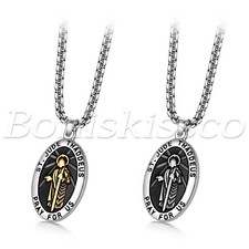 Men's Unisex Stainless Steel St Jude Thaddeus Jesus Oval Pendant Necklace Chain