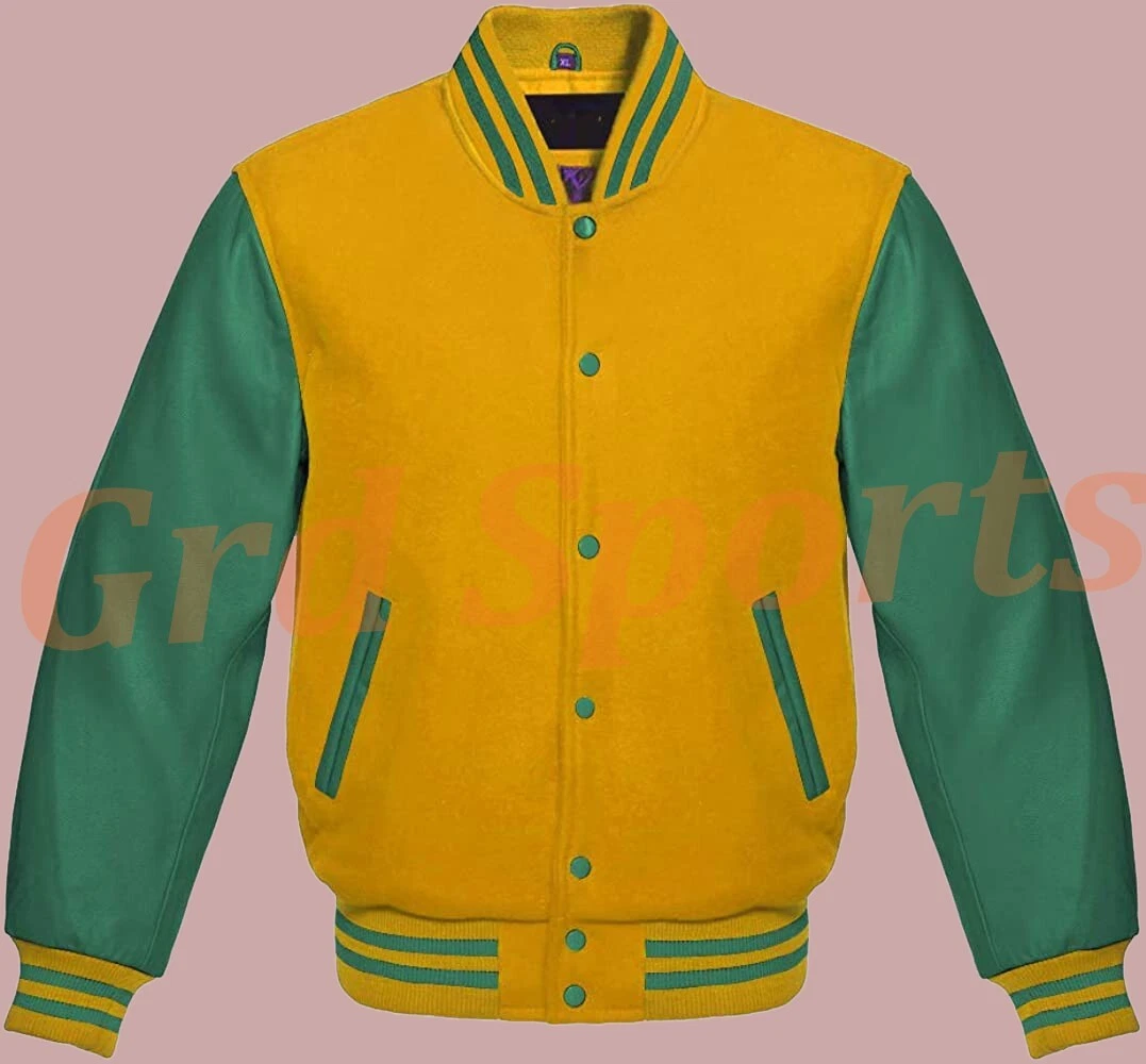 Varsity Letterman Baseball Bomber Jacket in Yellow Wool and Green Leather Sleeve