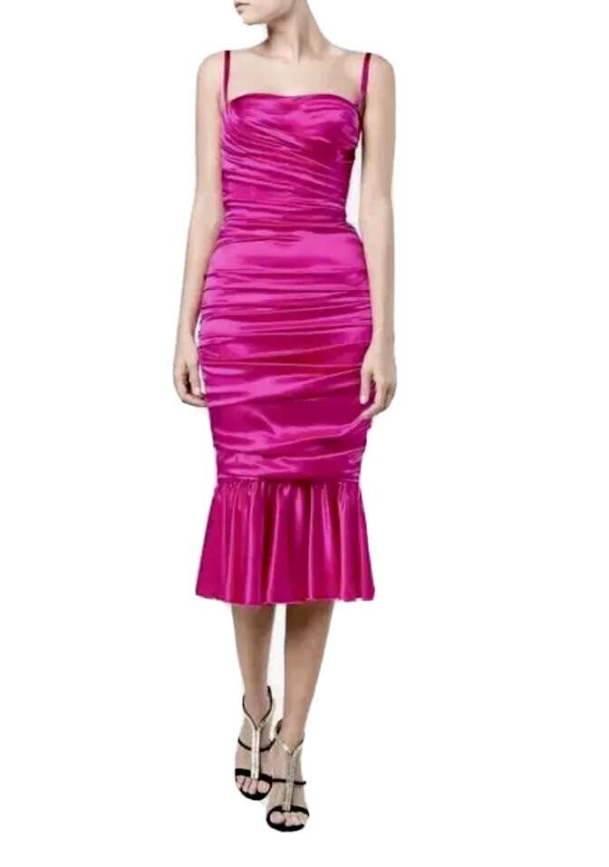 DOLCE & GABBANA* Pink Ruched Stretch Silk Satin Bustier Midi