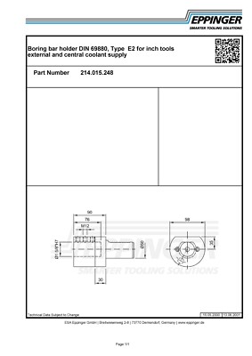 VDI50, Boring bar holder DIN 69880, Type E2 for inch tools, 1-5/8'', 214.015.248