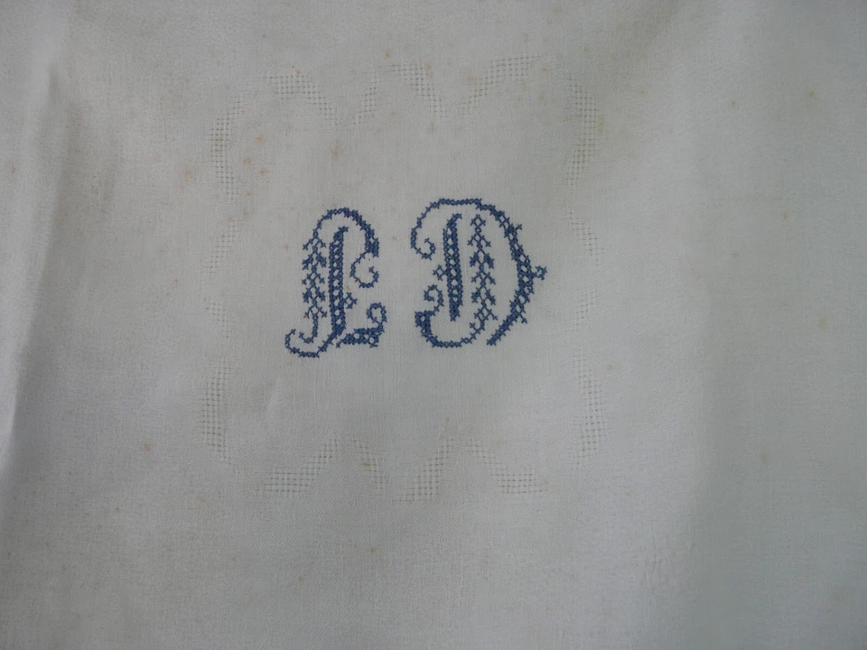 Nappe + 12 serviettes lin ancien brodé main lettres B.D bleues REF 4715C - Photo 2/4