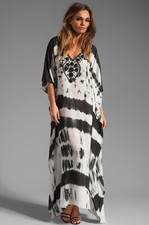 KARINA GRIMALDI Black White Tie Dye Beaded Sequin Long Caftan Maxi Dress S = 4/6