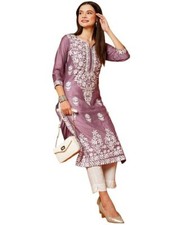 Women's Cotton Blend Straight Chikankari Embroidered Kurta