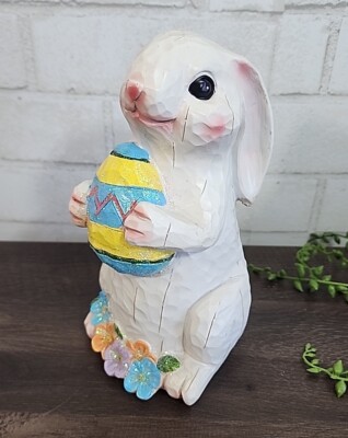 Easter Bunny Rabbit Figure Statue Eggs White Resin Flowers 8 1/2'' Spring Glitter