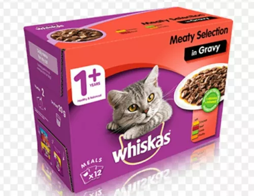 whiskas 1+ meaty selection in gravy food pouches for cat, 100g (12 pack) image 1