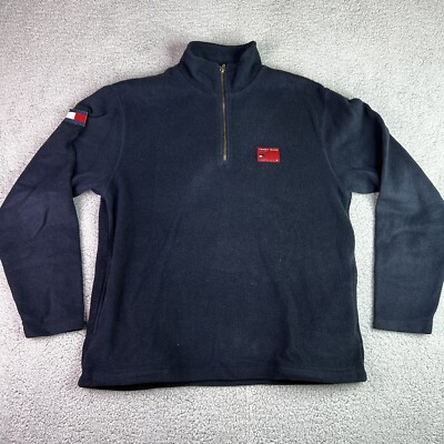 Vintage 90s Mens Tommy Jeans 1/4 Zip Blue Fleece Pullover Sweatshirt M 