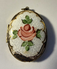 Vintage Antique Style Guilloche Enamel Floral Rose Locket Pendant Hand Painted