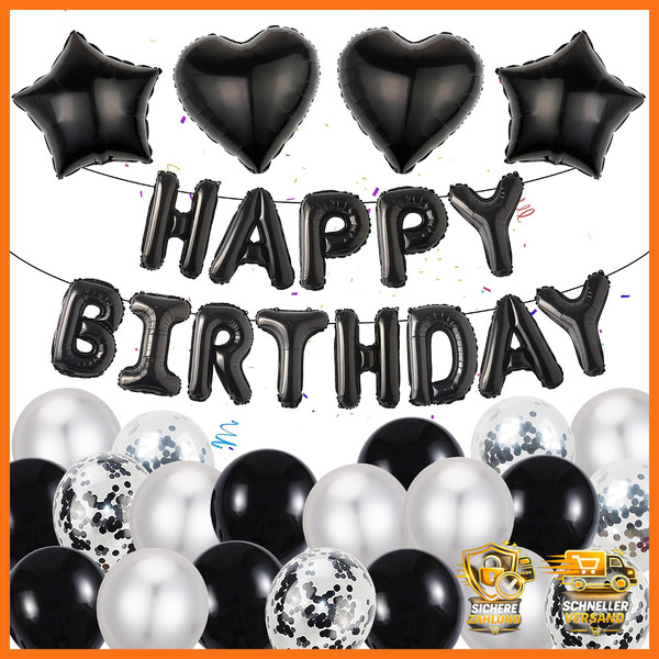 Geburtstagsdeko Mann Schwarz Silber Mit Luftballons Party Deko Feier 37 StüCk-image
