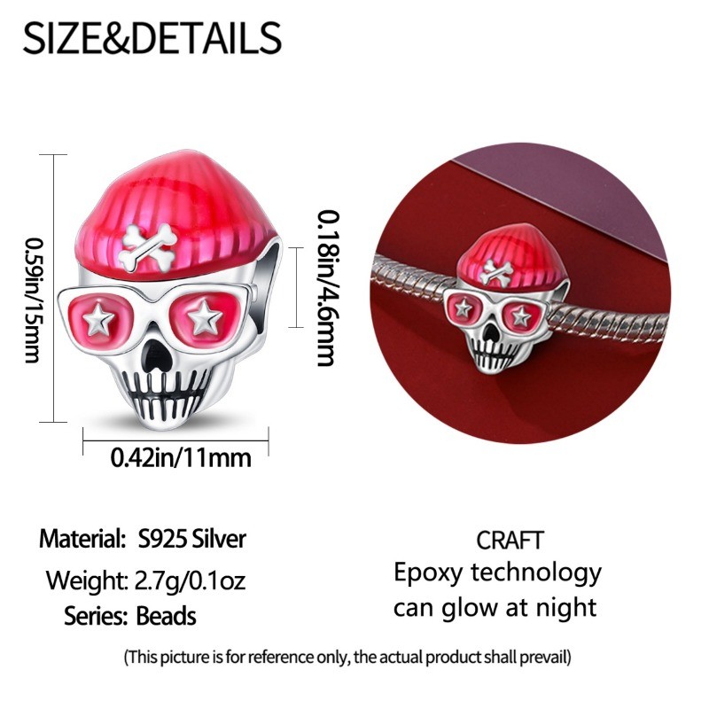 KUNSIR 925 Sterling Silver Charm Tough Guy Glow Skull Bead Charm for Bracelet