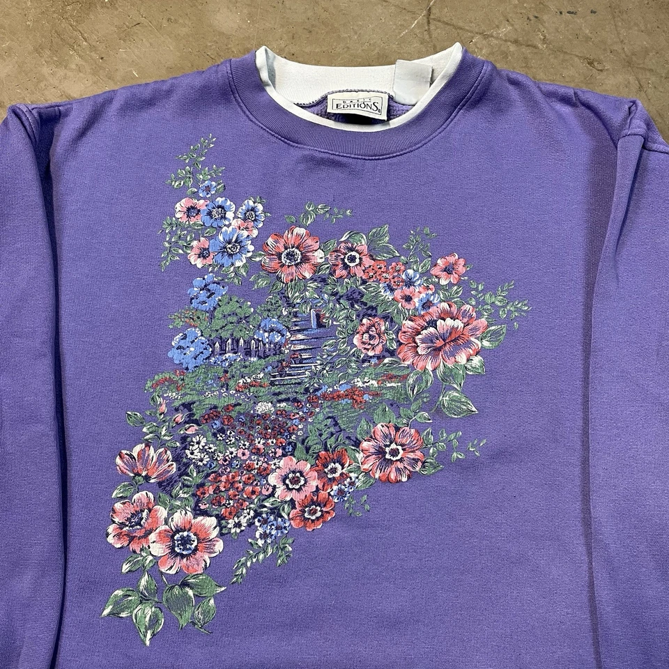 Vintage Basic Editions Flowers Double Collar Crewneck 90s Lavender Boho Cute - Image 3 of 4