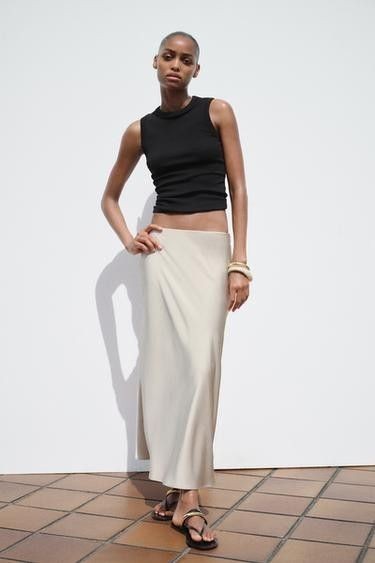 Zara Satin  Midi Skirt. SIze M. Grey/Beige.