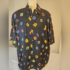 Casa Moda Mens Short Sleeve Button Down Shirt Black Abstract Geometric Print L