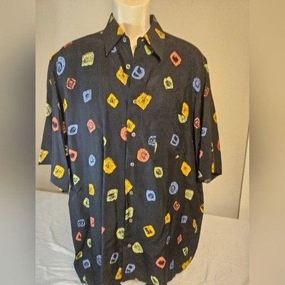 Casa Moda Mens Short Sleeve Button Down Shirt Black Abstract Geometric Print L