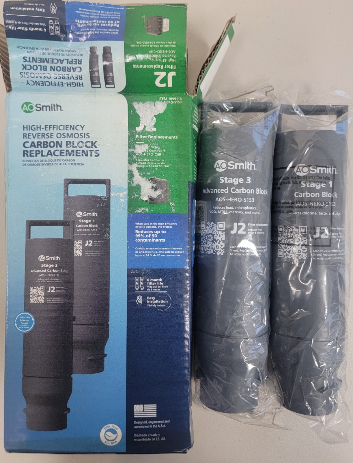 AO Smith (2) J2 Filter Replacements for AOS-HERO-CHR Reverse Osmosis OPEN BOX