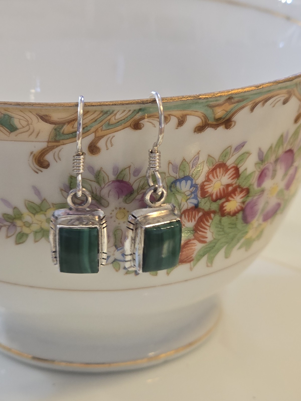 Small Malachite Rectangle Cabochon 925 Sterling S… - image 2