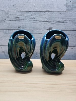 MCM SET OF 2 ROYAL HAEGER BLUE GREEN DRIP GLAZE POTTERY VASES - DUNDEE, IL. - 8''