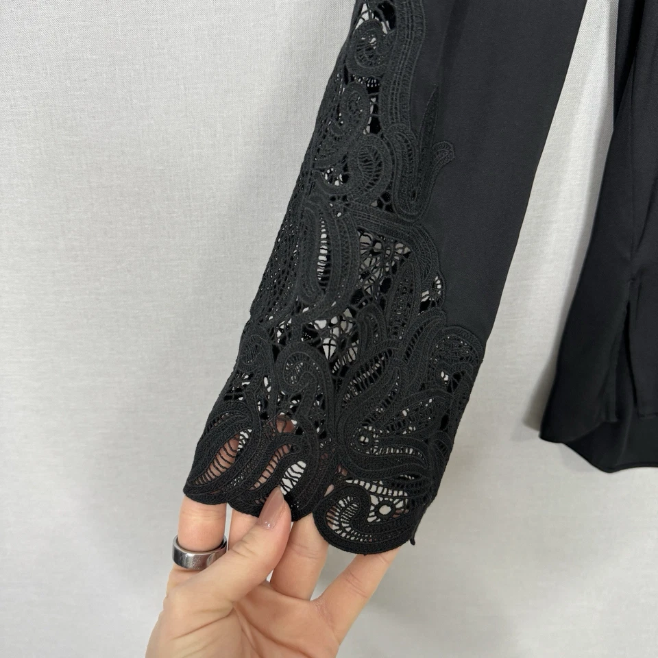 Kobi Halperin Womens Top XS Black Silk Popover Blouse Embroidered Sleeves Office - Image 3 of 4