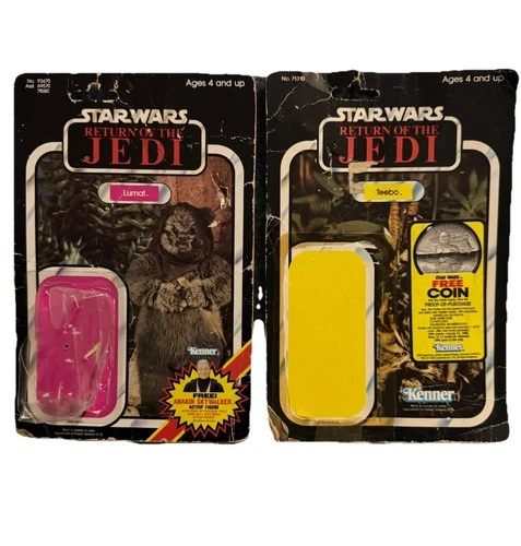 Star Wars Vintage Kenner ROTJ 1983 Ewok Lumat & Teebo Cardback & Bubble