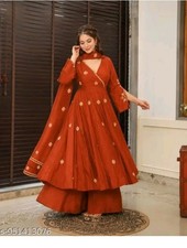 Women Orange Angrakha Anarkali Kurta Sharara Set Embroidered Dupatta S-3XL